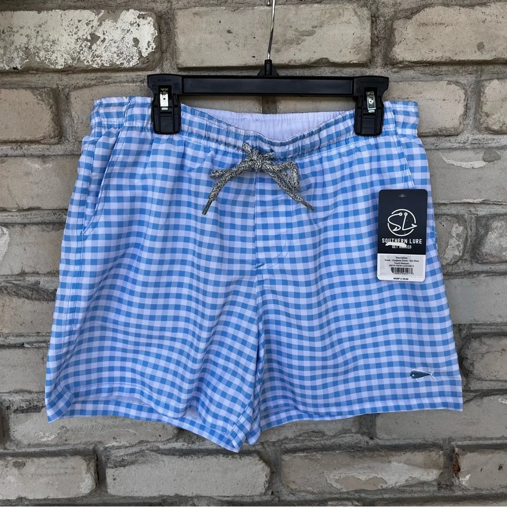 Southern Lure gingham blue/ white boys swimming trunks NWT